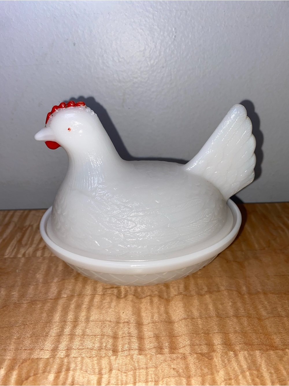 Milk Glass Hen on Nest Dish - White with Red Comb